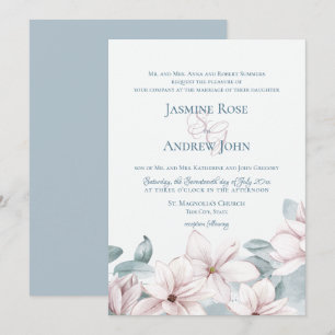 Invitation Magnolias Bleu Dusty Élégant Mariage Printemps