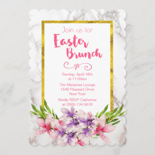 Invitation Magnolias rose et violet sur marbre Brunch de Pâqu