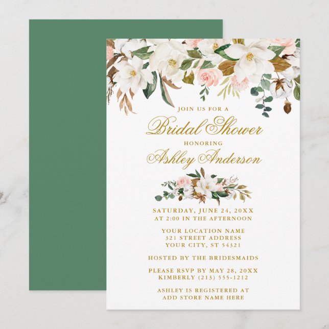 Invitation Magnolias Rose Gold Green Fête des mariées élégant (Devant / Derrière)