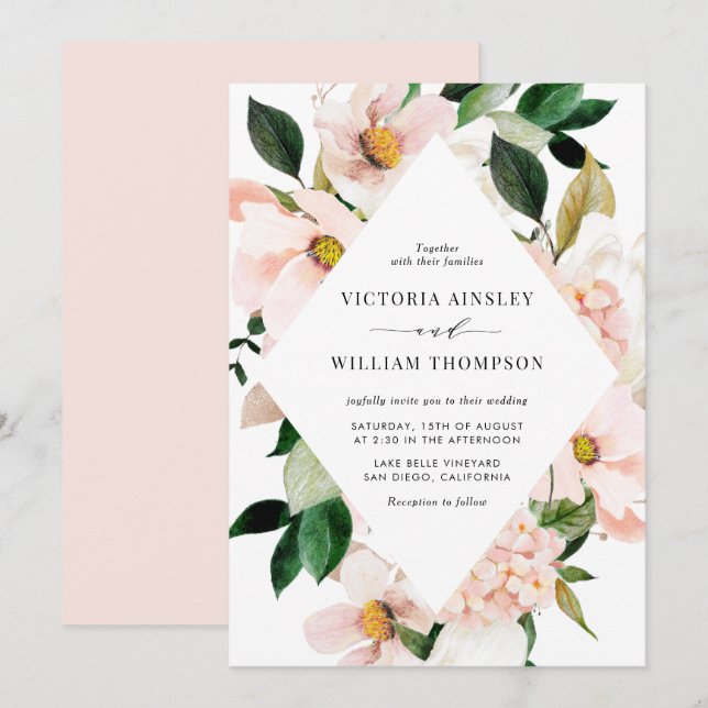 Invitation Magnolias rose pâle et Mariage de cadre Hydrangeas (Devant / Derrière)