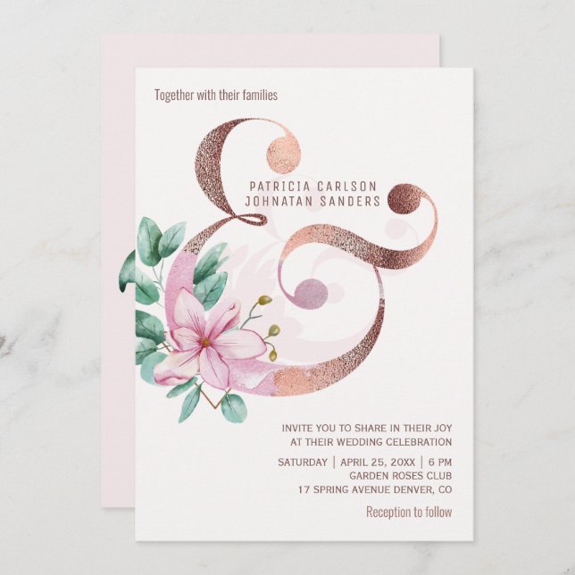 Invitation Magnolias rose vif rose or mariage (Devant / Derrière)