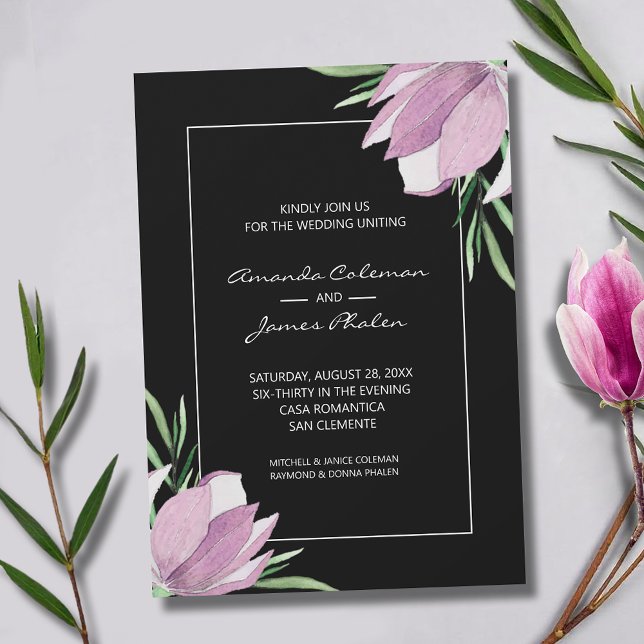 Invitation Magnolias violet Aquarelle Mariage floral (Elegant purple and white magnolias wedding invitations - INSTANT DOWNLOAD and/or PRINTED)