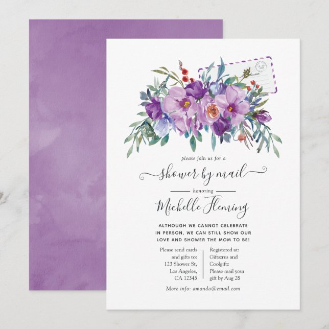 Invitation Magnolias violet et Baby shower Rose par courrier (Devant / Derrière)