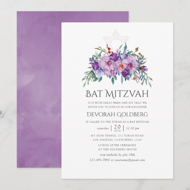Invitation Magnolias violet et Bat mitzvah Rose (Devant / Derrière)