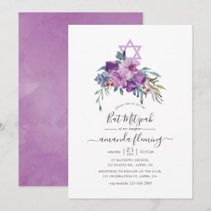 Invitation Magnolias violettes et roses aquarelle pour Bat Mi
