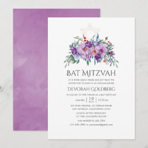 Invitation Magnolias violettes et Roses Bar Mitzvah