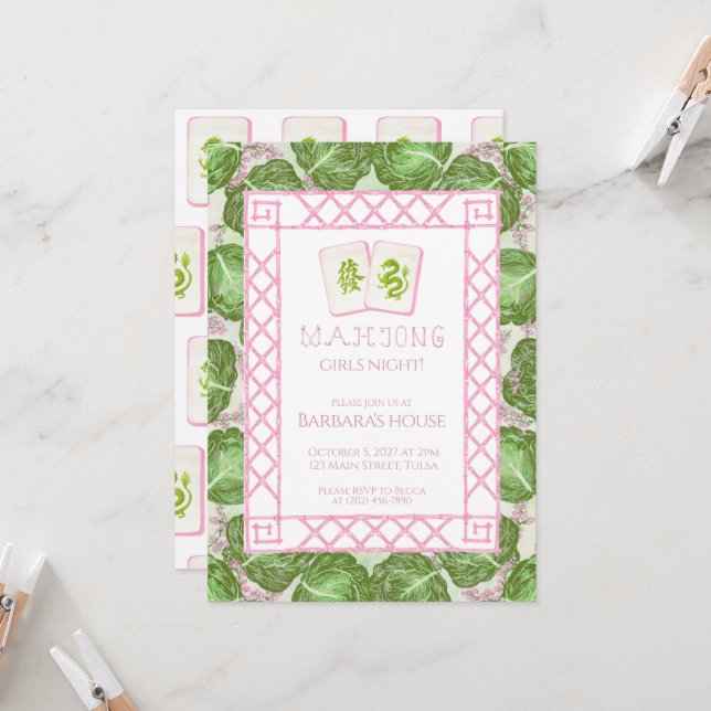 Invitation Mahjong Party Invitation, Cabbage and Pink (Devant/Arrière en situation)