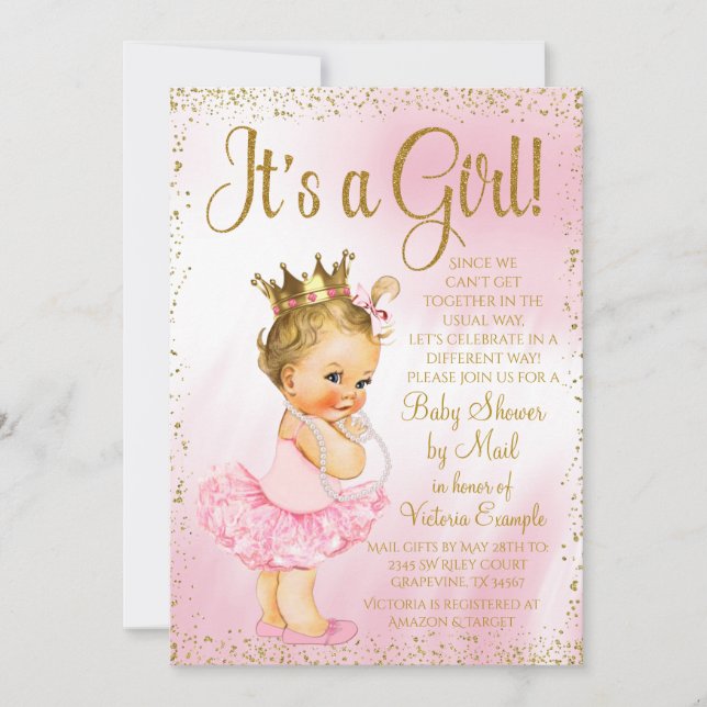 Invitation Mail Baby shower rose or Blonde Princess Tutu (Devant)
