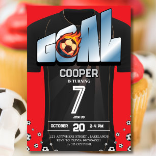 Invitation Maillot de foot noir et rouge pour fête d'annivers