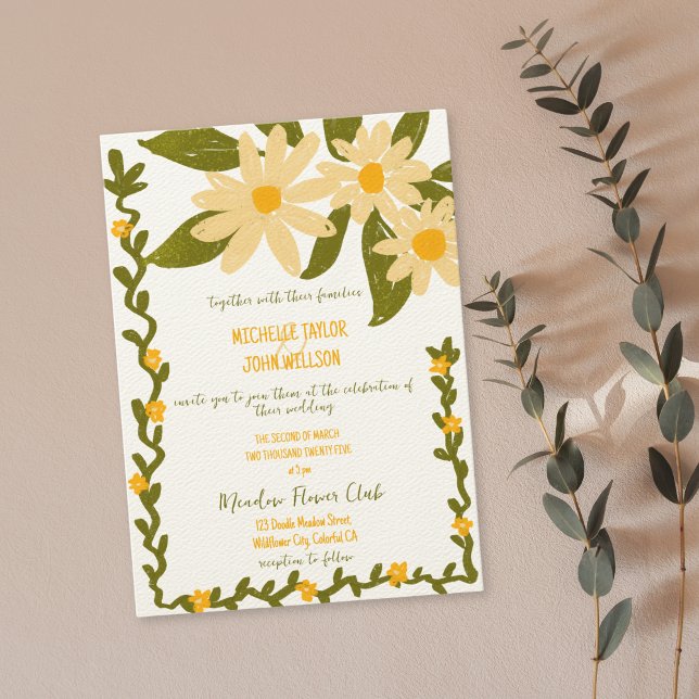 Invitation Main de Whimsical tiré Fleur sauvage Meadow Daisy (whimsical doodle hand drawn daisies wedding invitation)
