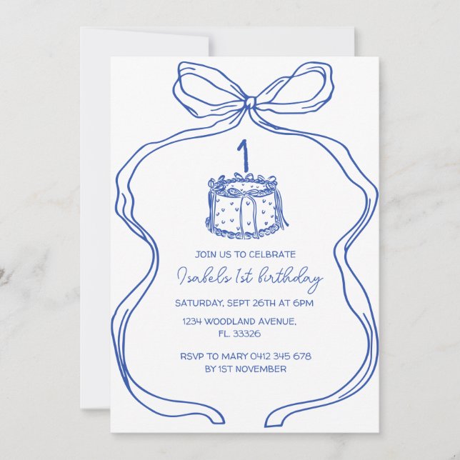 Invitation main dessinée bleu Bow 1er Anniversaire, gâteau vi (Devant)