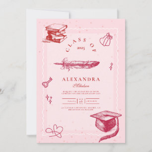 Invitation Main dessinée Illustrée Pink Graduation Party