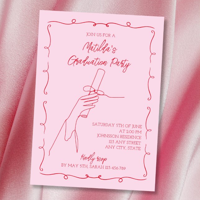 Invitation Main dessinée Illustrée Pink & Red Graduation Part (Hand Drawn Illustrated Pink & Red Graduation Party Invitation)