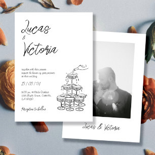 Invitation Main dessinée noir&blanc photo Mariage lunaire