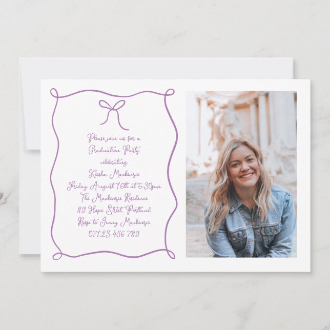 Invitation Main Draw Bow Photo Purple Graduation Party (Devant)