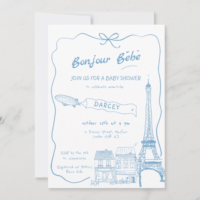 Invitation Main Drawn Bonjour Bebe Baby shower bleu français (Devant)