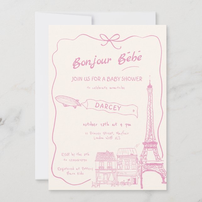 Invitation Main Drawn Bonjour Bebe Baby shower rose français (Devant)