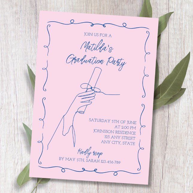 Invitation Main Drawn Pink & Blue 2024 Graduation (Hand Drawn Pink & Blue 2024 Graduation Invitation)