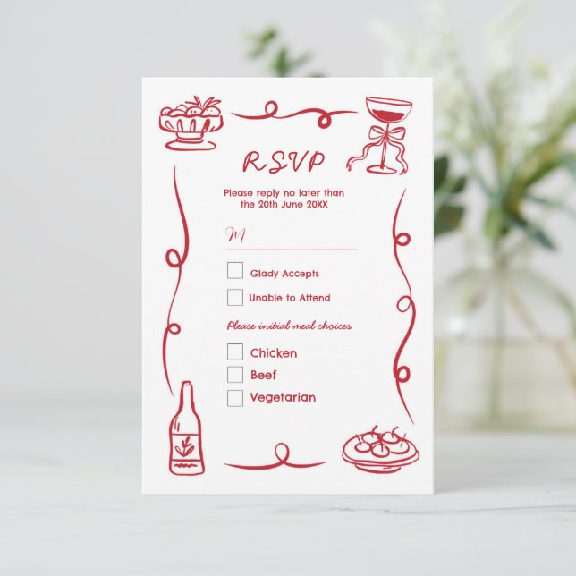 Invitation Main du Mariage RSVP dessinée en rouge illustré (Debout devant)