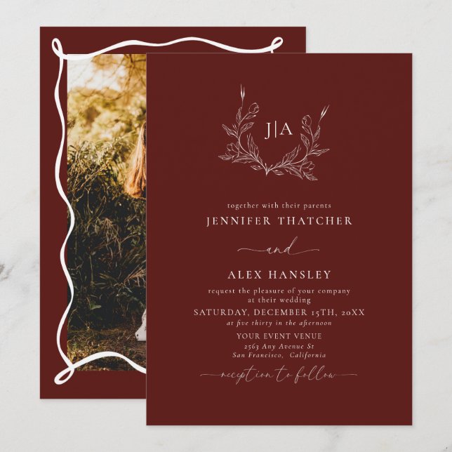 Invitation Main élégante tirée | Mariage de monogramme botani (Devant / Derrière)