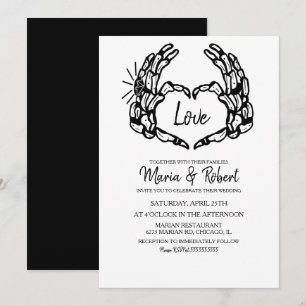 Invitation Main noire de squelette avec anneaux de mariage