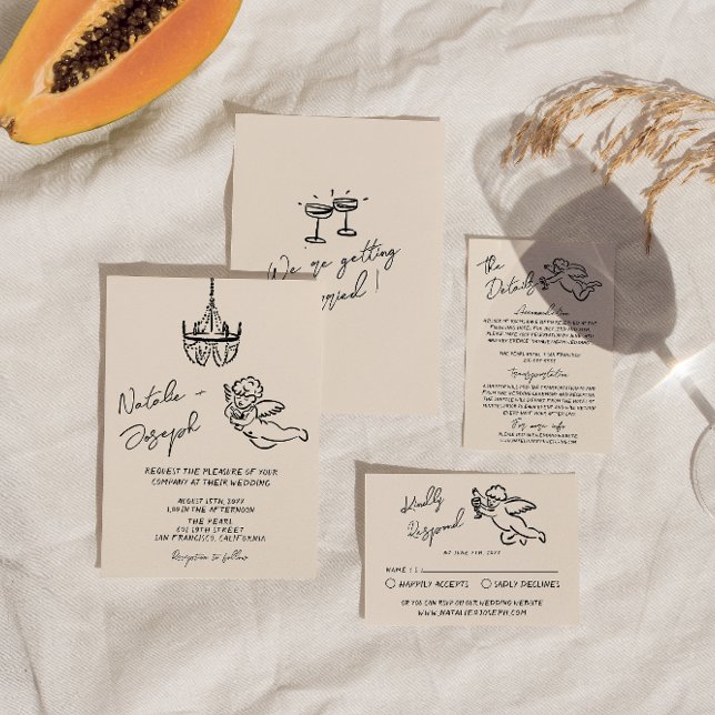 Invitation Main rétro dessinée Écrite Cupidé Mariage Quirky (Créateur téléchargé)