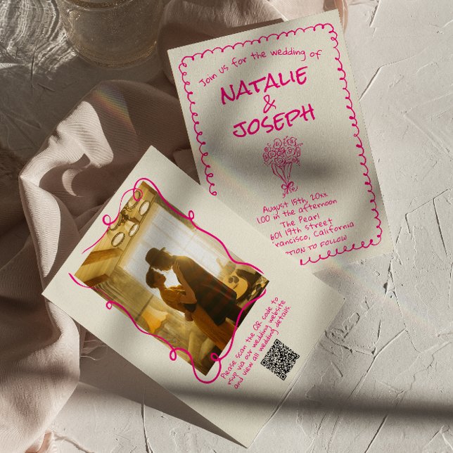 Invitation Main rétro tirée Vivid Rose Photo QR Code Mariage (Créateur téléchargé)