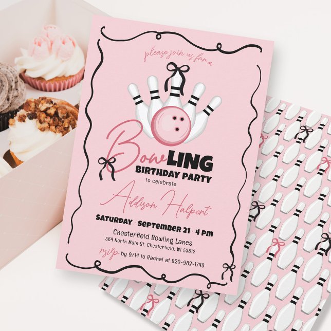 Invitation Main rose dessinée BOWling Bows Fille Anniversaire (Funny pink black and white BOWling coquette bows girly girl hand drawn birthday party invitation)