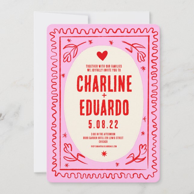 Invitation Main rouge rose tiré Wavy Retro Mariage (Devant)