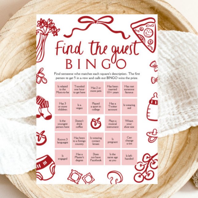 Invitation Main rouge tirée Trouvez le Baby shower de Bingo i (Red Hand Drawn Find the Guest Bingo Baby Shower Game)