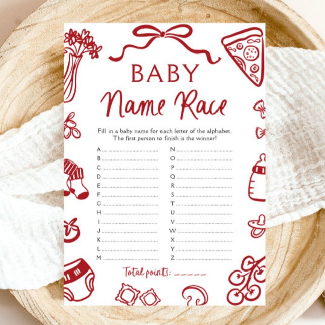 Invitation Main tiré italien Nom de bébé Race Baby shower Jeu (Hand Drawn Italian Baby Name Race Baby Shower Game)