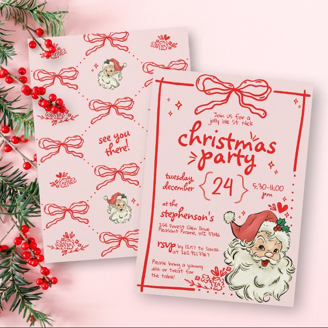 Invitation Main tirée rouge Bow rose Vintage Père Noël Noël (Créateur téléchargé)