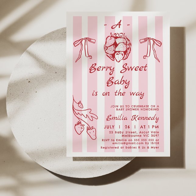 Invitation Main Tirée Rouge Un Baby shower Sucré Berry (Hand Drawn Red Berry Sweet Baby Shower Invitation, Whimsical Berry Themed Baby Shower Invitation)