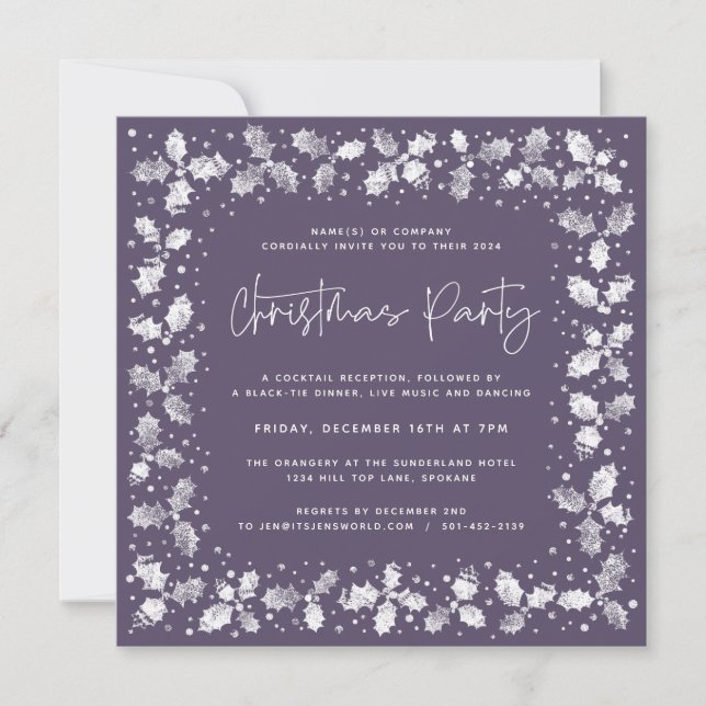 Invitation Main violette imprimé Holly+Berries fête de Noël (Devant)