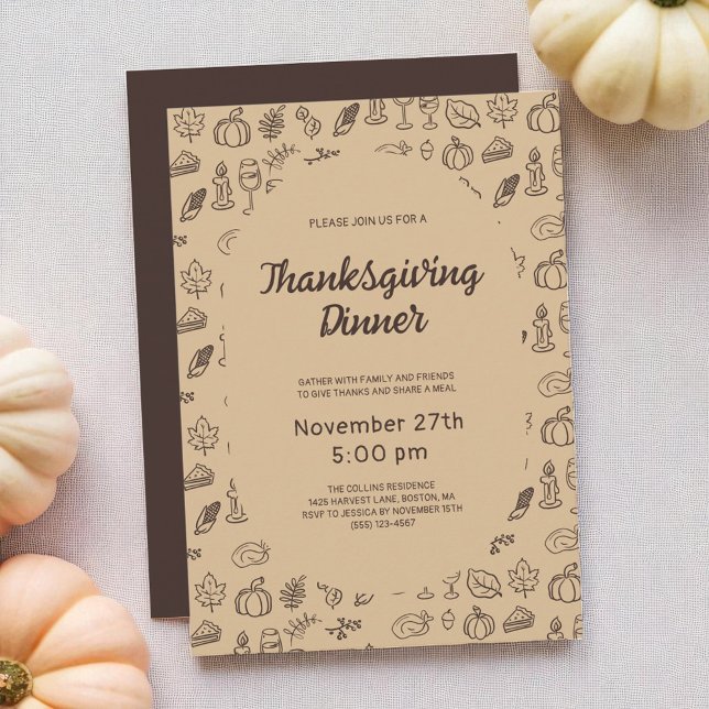 Invitation Main Whimsical Brown moderne tiré Thanksgiving (Modern Brown Pumpkin Leaves Thanksgiving Dinner Invitation)