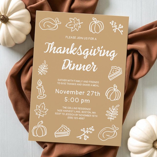 Invitation Main Whimsical Brown Tirée Thanksgiving moderne (Modern Brown Doodle Pumpkin Thanksgiving Dinner Invitation)