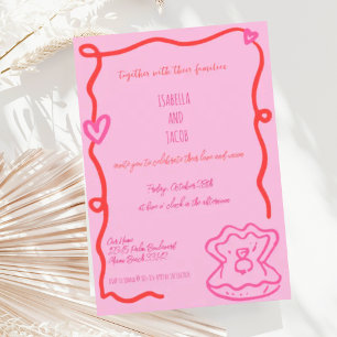 Invitation Main Whimsical Rouge Tirée Mariage Wavy Quirky