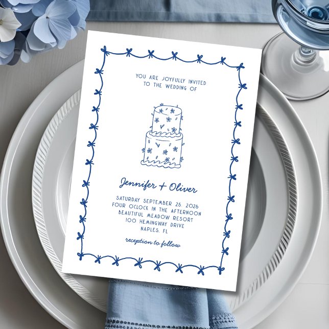Invitation Main Whimsical tiré Mariage gâteau bleu blanc (Créateur téléchargé)