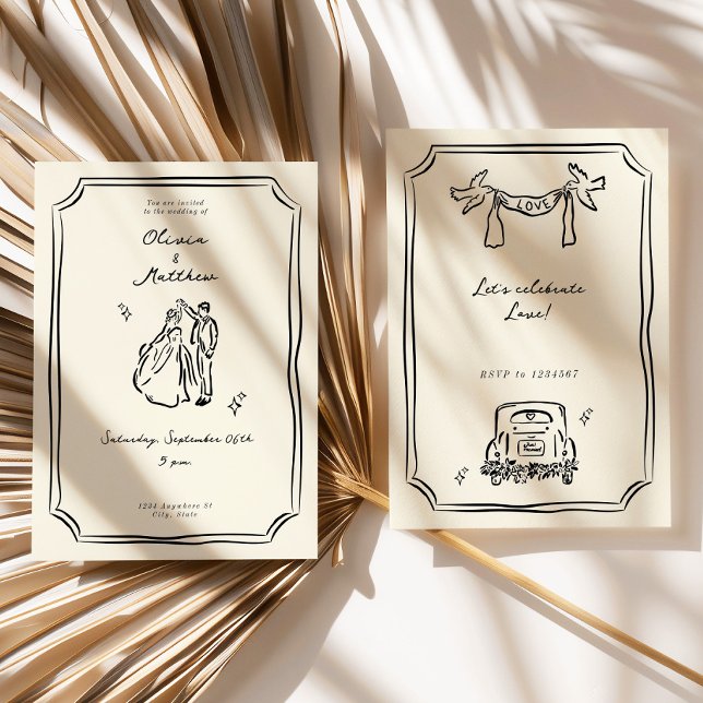 Invitation Main Whimsical tiré Mariage romantique (whimsical wedding invitation, hand drawn wedding invite, illustrated wedding stationery, romantic we)