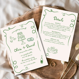 Invitation Main Whimsical tirée Français Vert Détails Mariage
