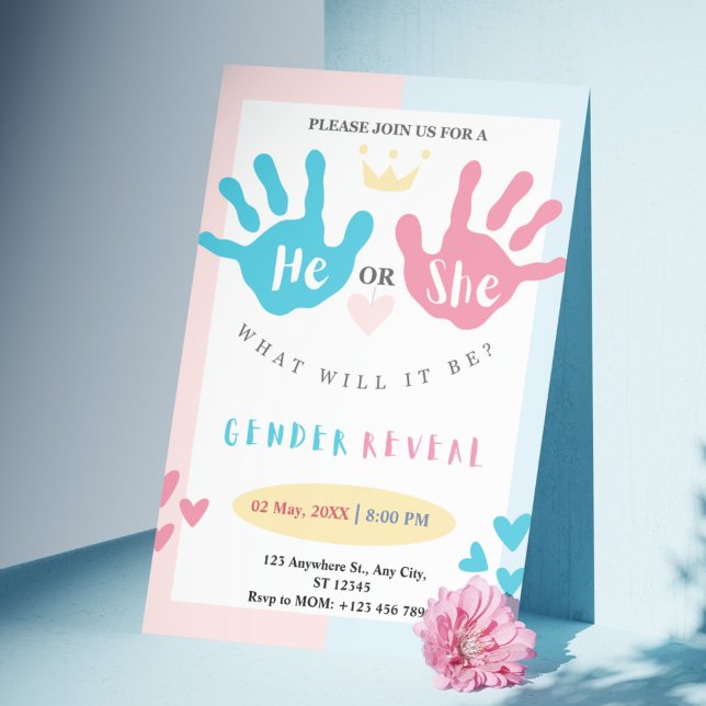 Invitation Mains minuscules, grande surprise : un rose et ble (Tiny Hands, Big Surprise: A Pink & Blue Gender Reveal Invitation)