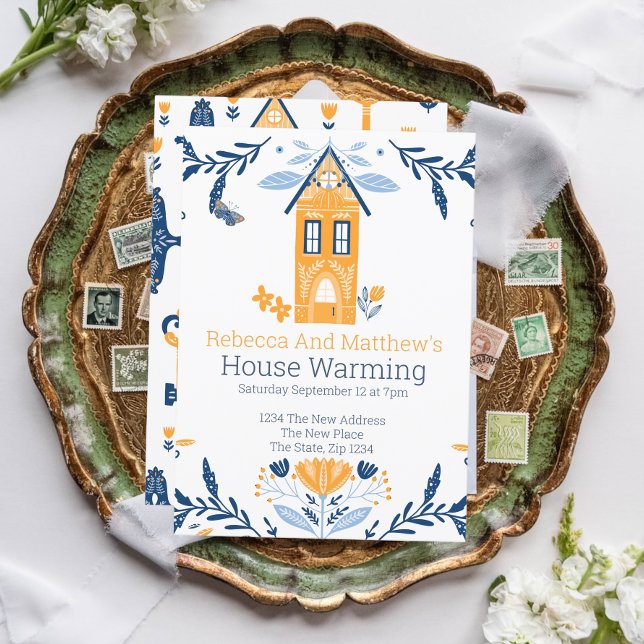 Invitation Maison Chauffage Hygge Bleu Maison Jaune et Fleurs (Créateur téléchargé)