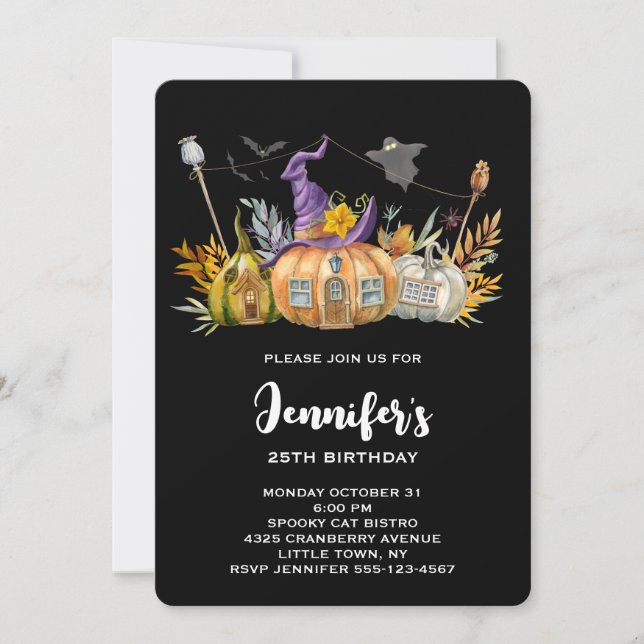 Invitation Maison citrouille avec Fantôme et chauves-souris A (Devant)