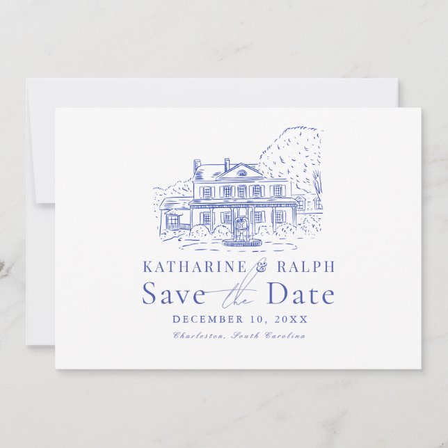 Invitation Maison coloniale bleue/Mansion/Manoir Enregistrer  (Devant)