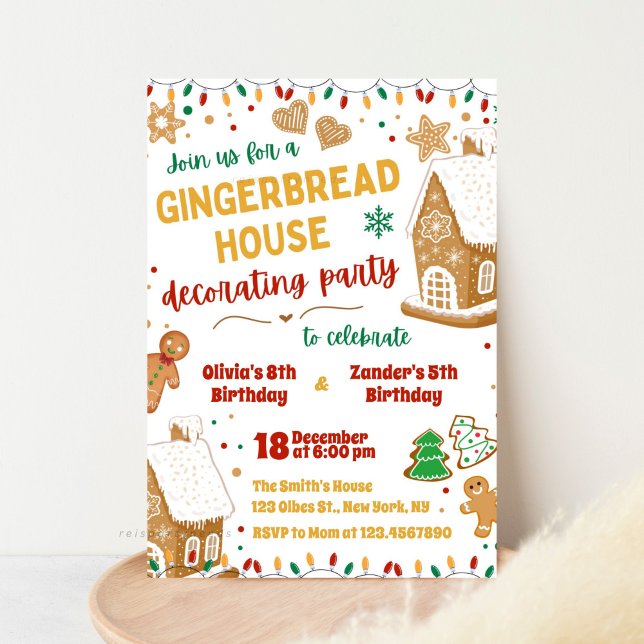 Invitation Maison de pain d'épice Sibling Double anniversaire ( Gingerbread House, Birthday Party Invitation, Christmas Cookie, Decorating Party Invite, Gingerbrea)