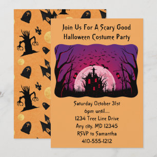 Invitation Maison effrayante noire et orange Soirée Halloween