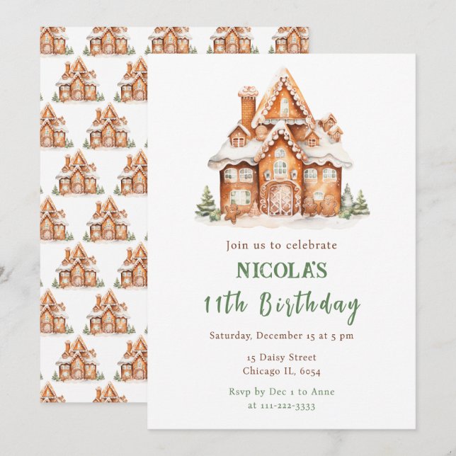 Invitation Maison en pain d'épice décorer fête d'anniversaire (Devant / Derrière)