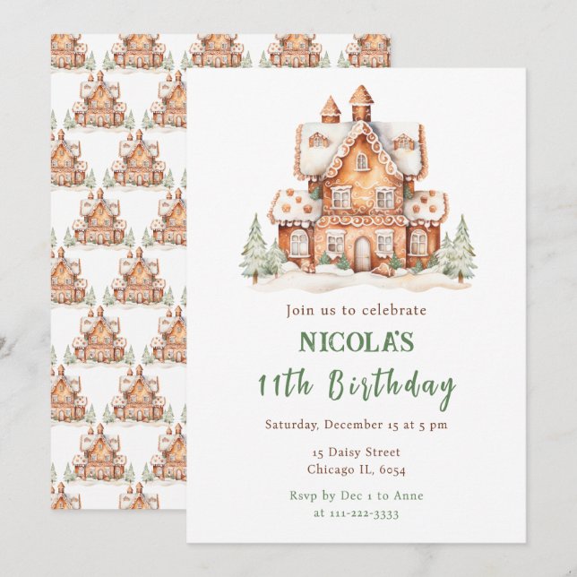 Invitation Maison en pain d'épice décorer fête d'anniversaire (Devant / Derrière)