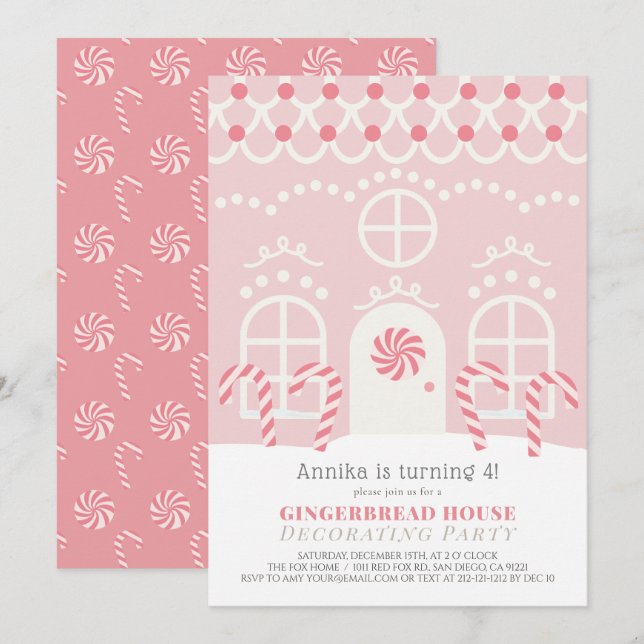 Invitation Maison en pain d'épices rose Décoration fête d'ann (Devant / Derrière)