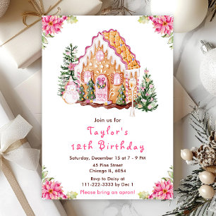 Invitation Maison en pain d'épices rose pour fête d'anniversa